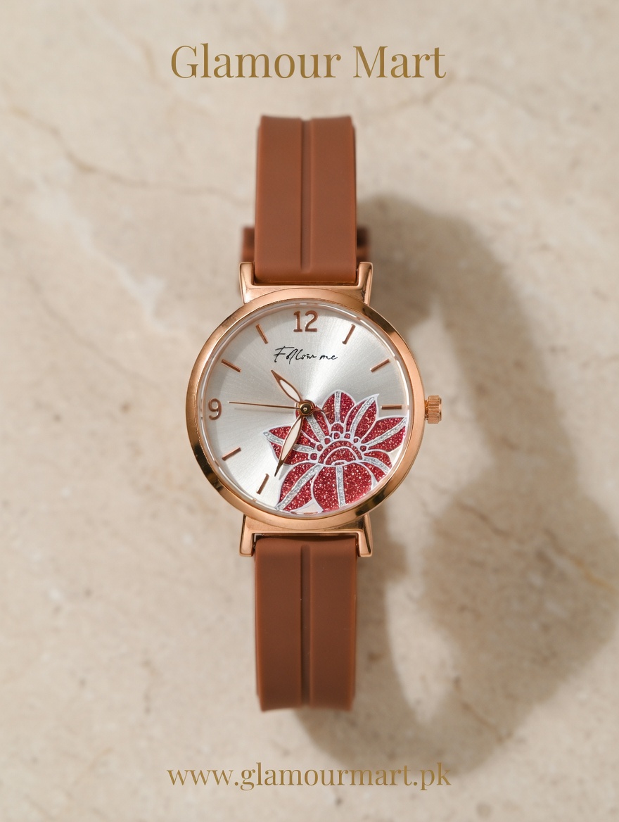 Floral Dial Watch – Brown Elegance