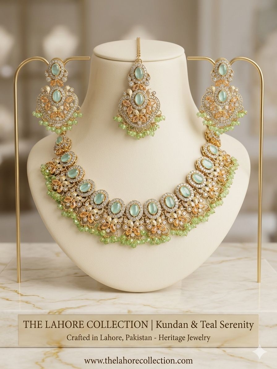 Elegant Teal & Gold Statement Necklace Set