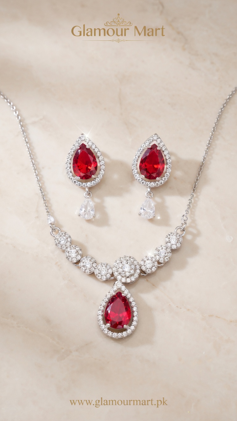 Ruby Pear Drop Set with CZ Accents