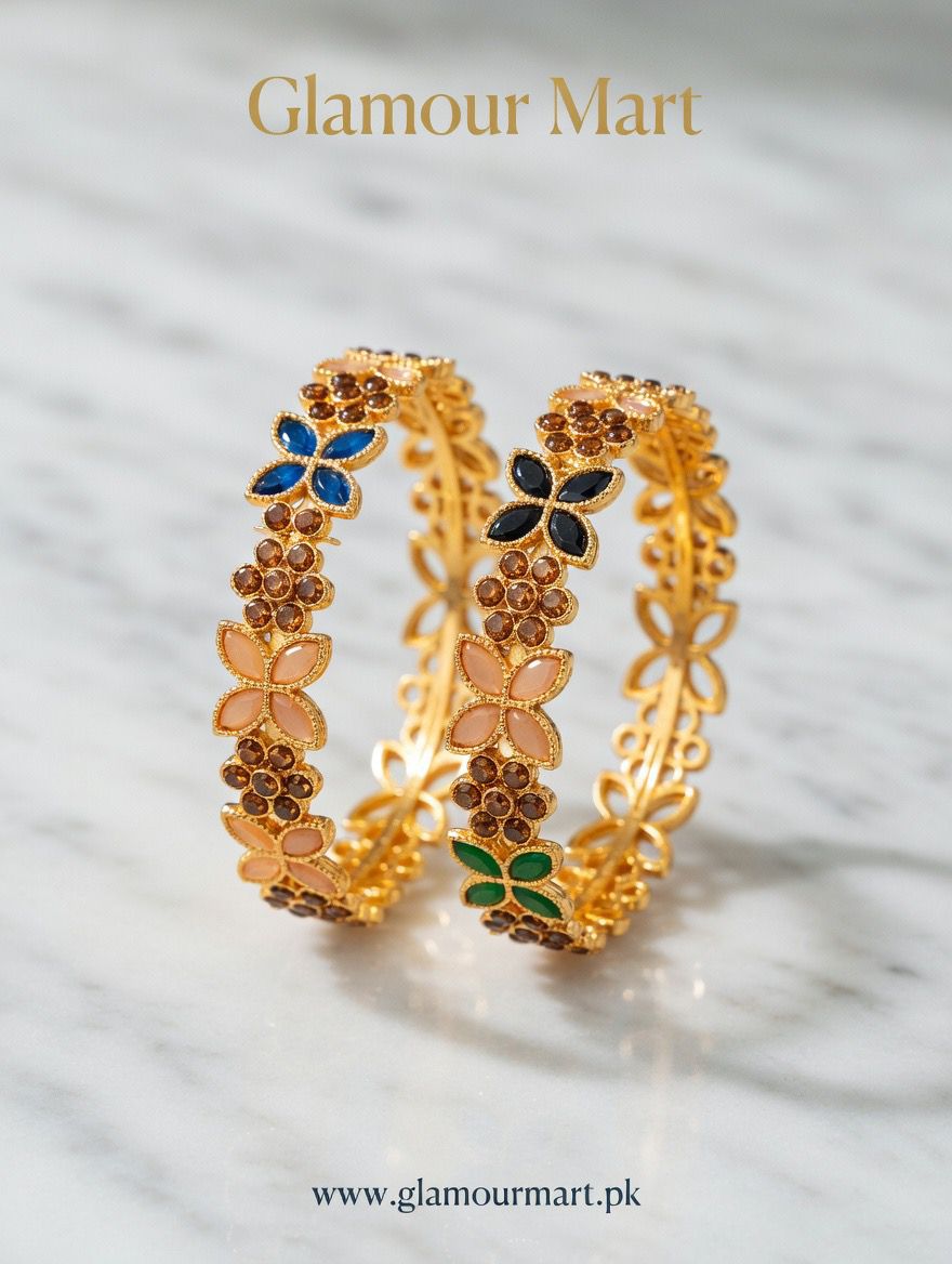 Multicolor Floral Gold Bangle Pair