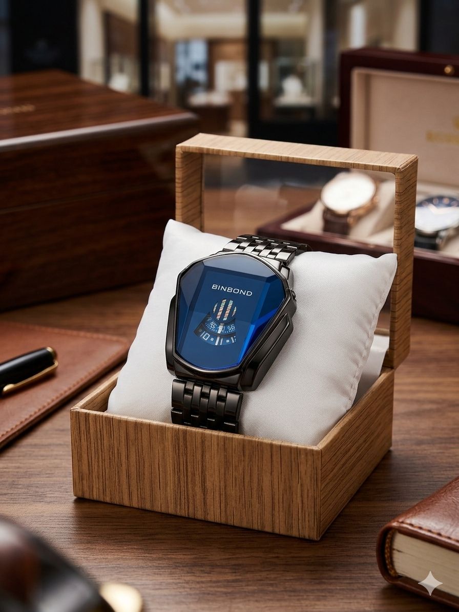 Futuristic Blue Dial Smart Design Watch – Black Steel Edition