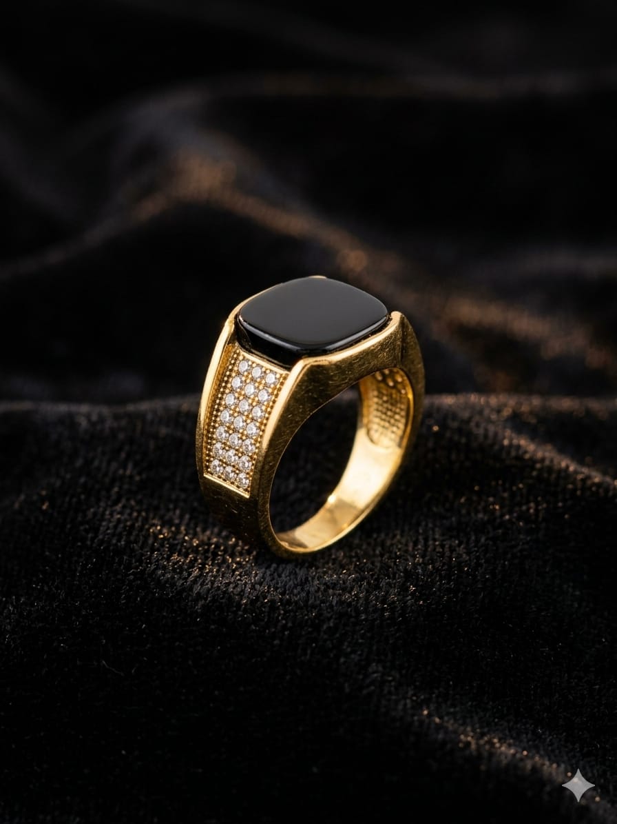 Luxury Black Stone Gold Ring – Diamond Accent Edition