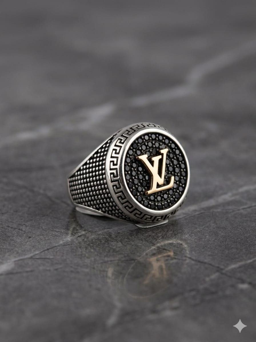 Luxury Monogram Black Crystal Ring – Designer Statement Edition