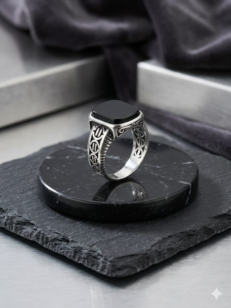 Black Stone Engraved Silver Ring – Premium Vintage Edition
