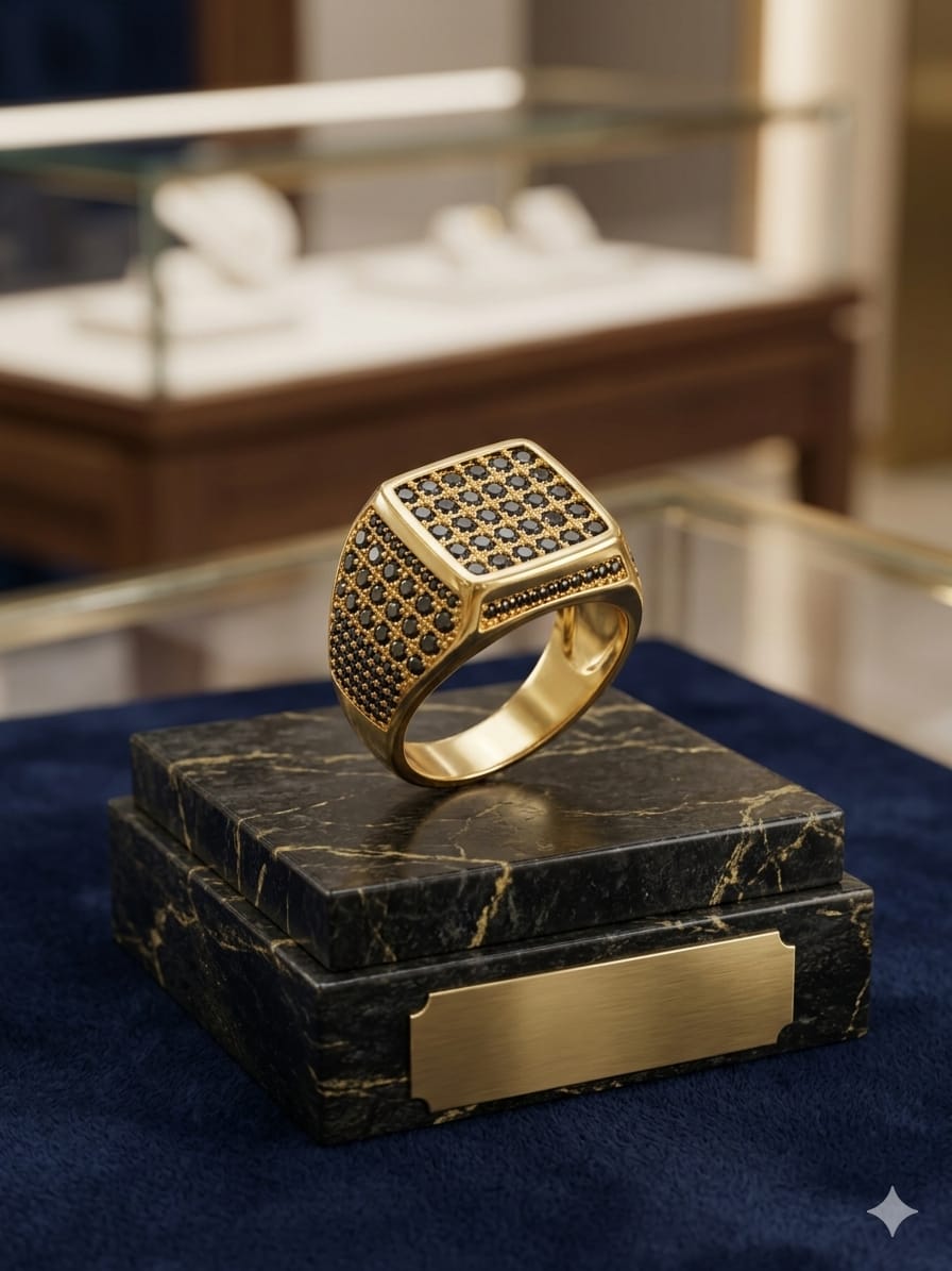 Luxury Black Crystal Gold Ring – Premium Statement Edition