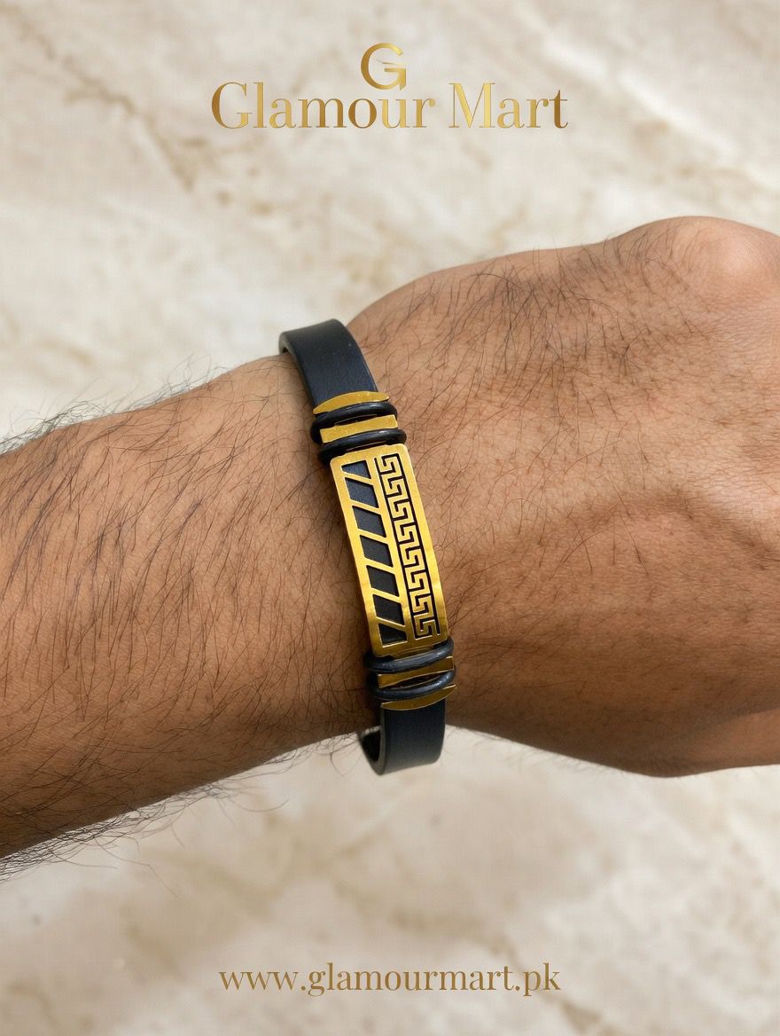 Black Leather Bracelet with Gold Pattern Plate
