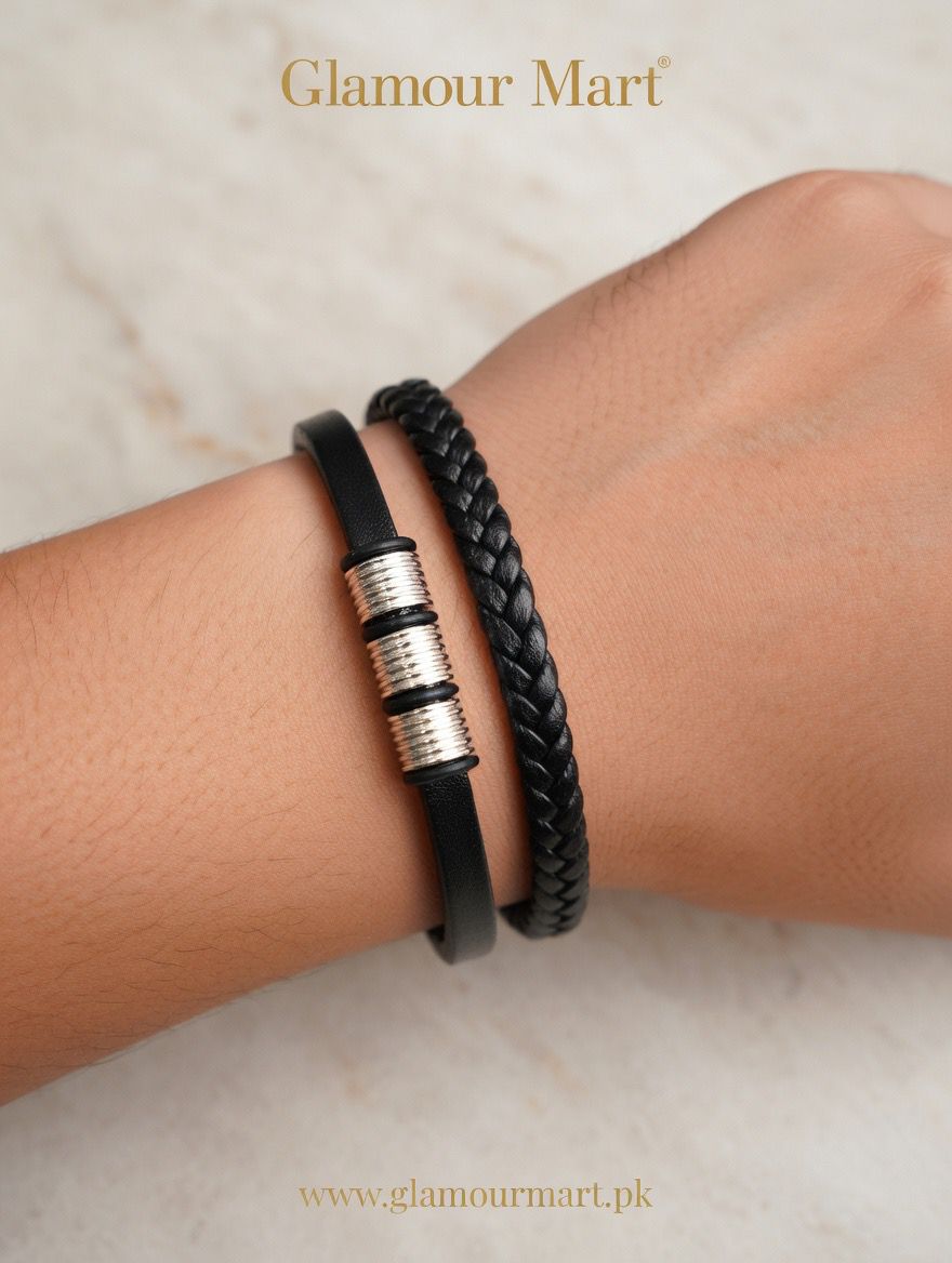 Double Layer Black Leather Bracelet Set