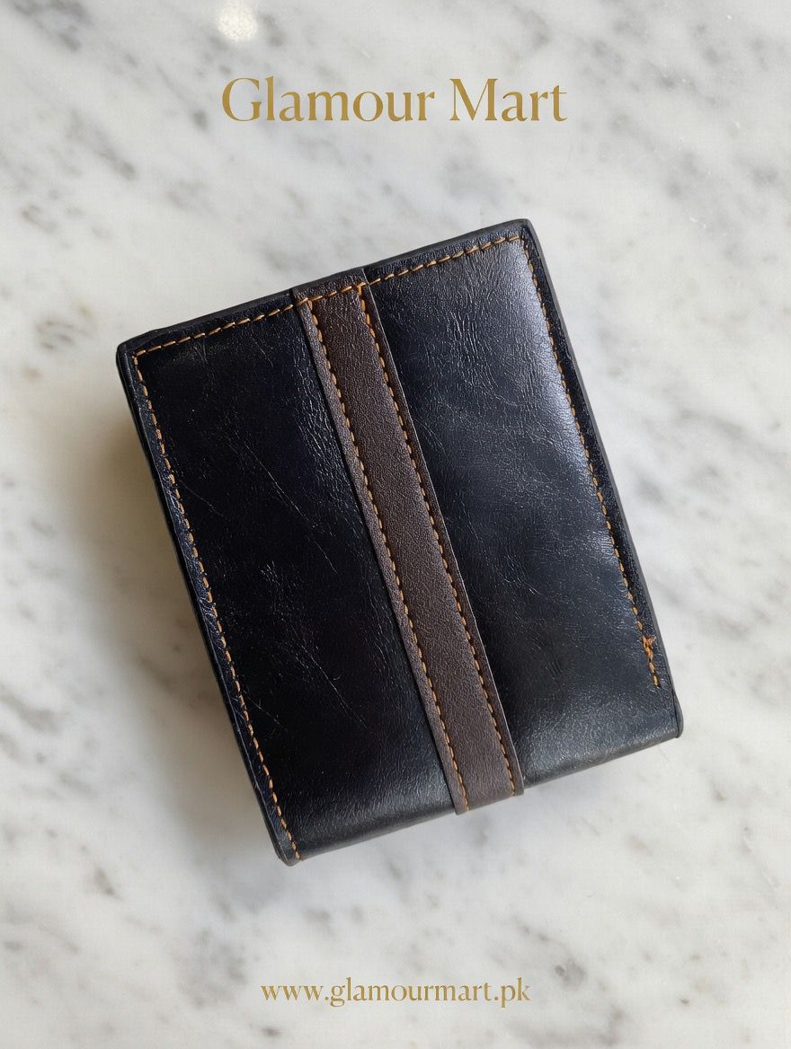 Premium Contrast Strip Leather Wallet - Black