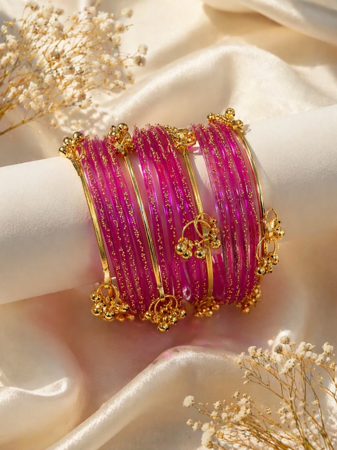 Kashmiri Bridal Bangles Set with Golden Charms Large Size