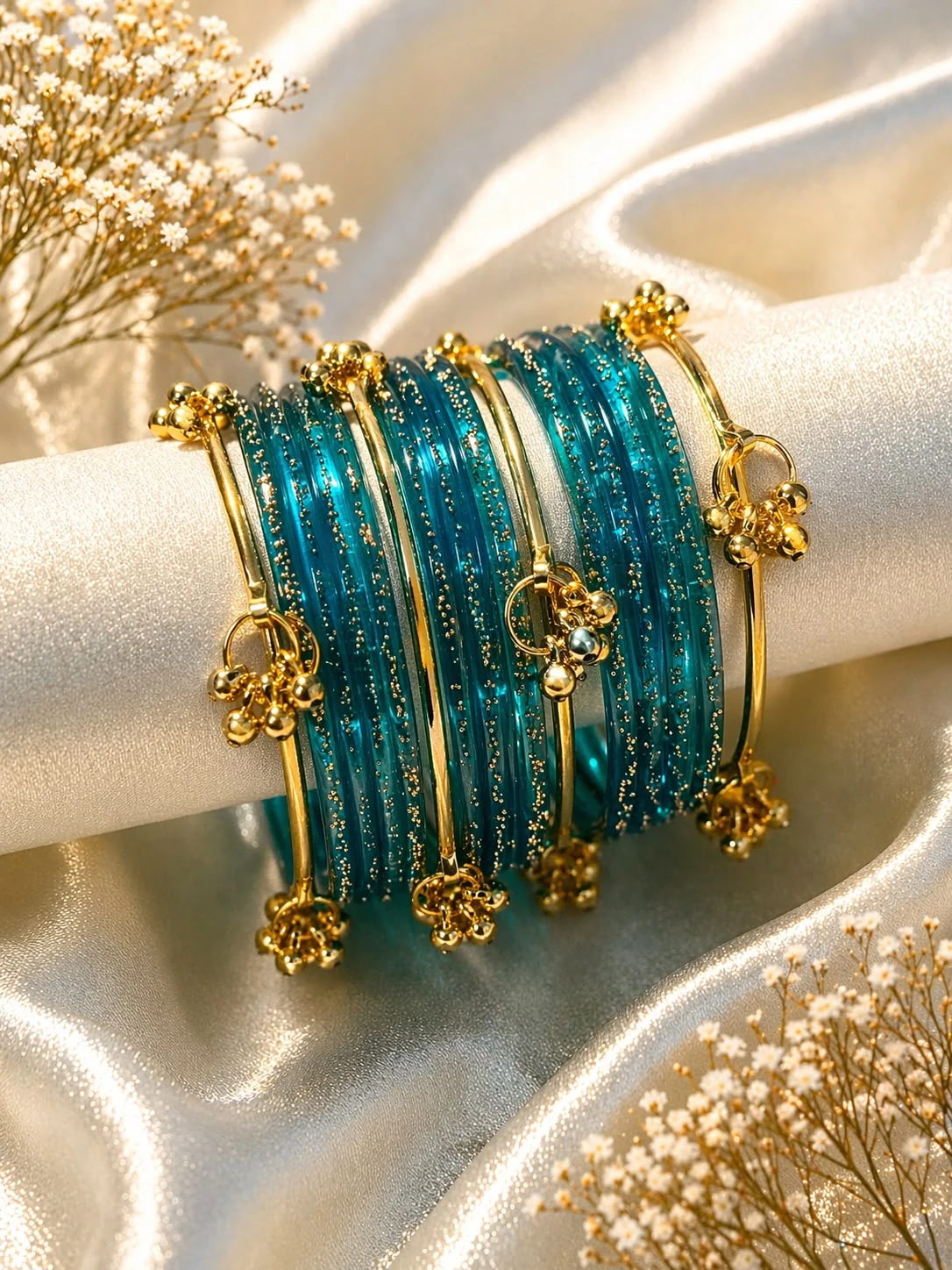 Kashmiri Bridal Bangles Set with Golden Charms Large Size