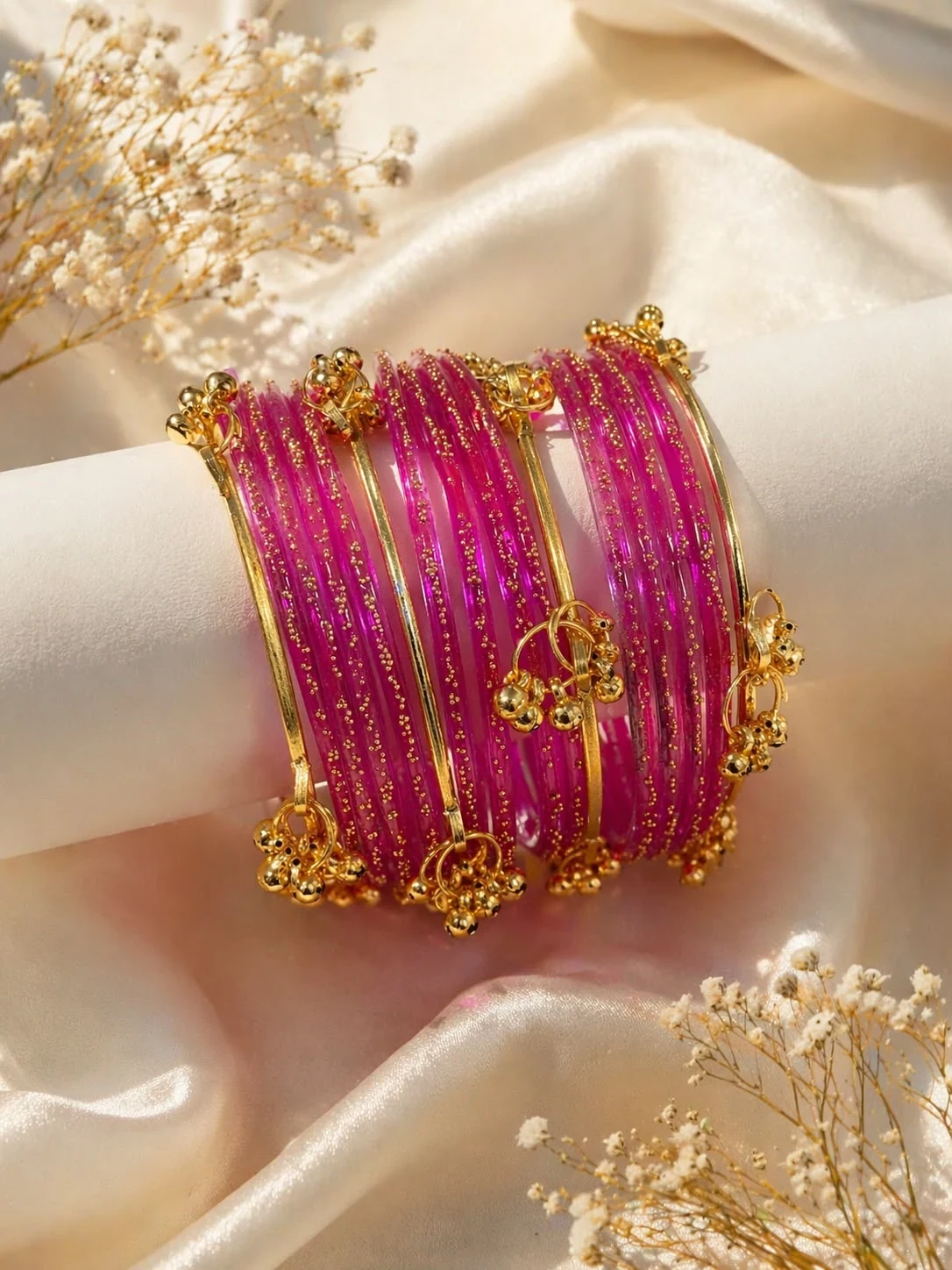 Kashmiri Bridal Bangles Set with Golden Charms Large Size