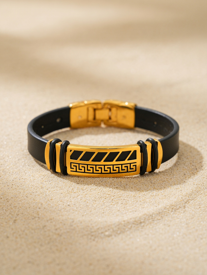 Premium Black Leather Bracelet with Gold Plate